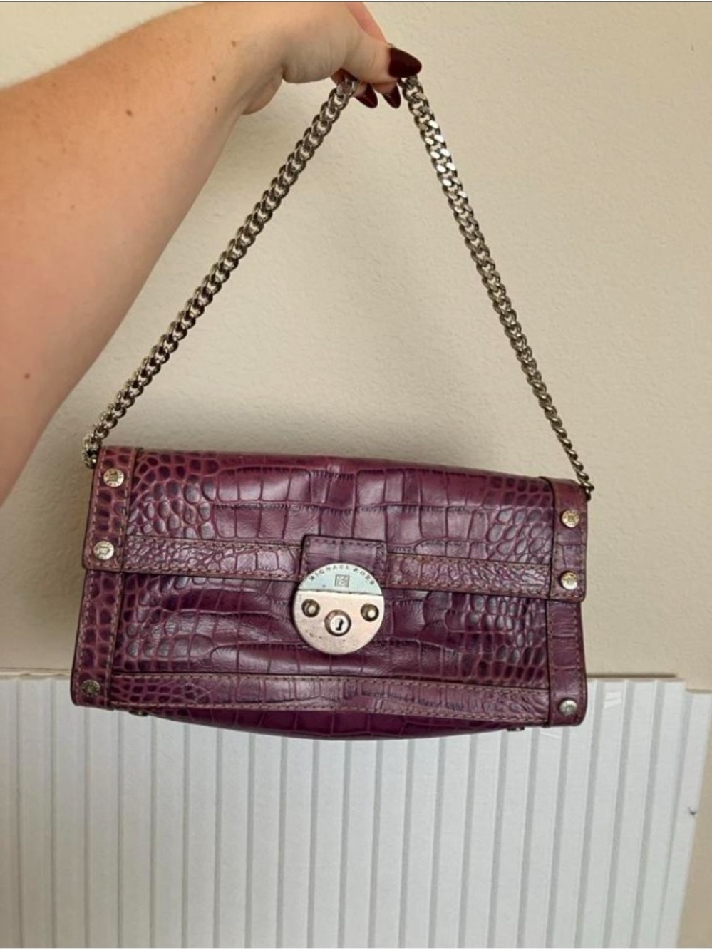 Purple Croc-Embossed Chain Shoulder Bag